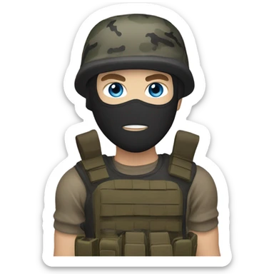 White male, call of duty black mask, camo tactical gear, tan combat boots, black beanie, blue eyes sticker