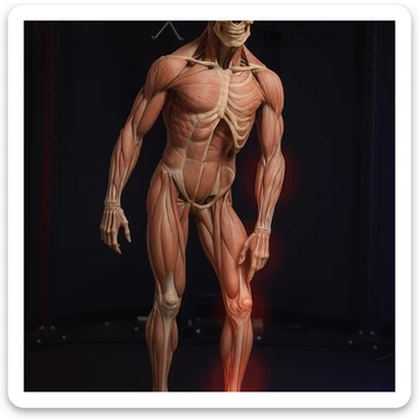 Hyperrealistic anatomical view of the same pose: tilted pelvis, valgus knee, pronated foot, with detailed visible bones and muscles, gym environment, 4K quality. Variant 5: highlight the involved joints with a red halo. sticker