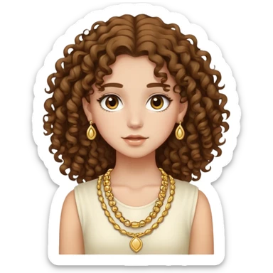 Teenage girl with curly brown hair, choni style with gold jewelry sticker