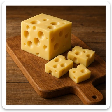 realistic Italian Emmental cheese pieces on a wooden cutting board sticker