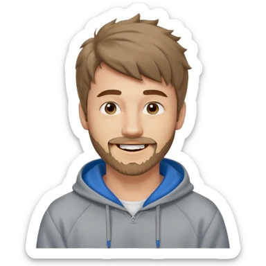 25 year old man, short scruffy beard and thin moustache, brown puffy mullet, blue eyes, big smile, white teeth, big lips, pronounced jaw, hair longer in back, sticking up on top, thin face, grey hooded sweatshirt sticker