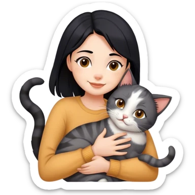 happy girl with black hair hugging three cats  (carey cat, gray cat, brown calico cat) sticker