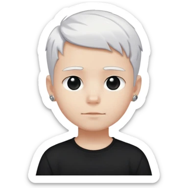 just a boy with TOTALLY WHITE SHORT HAIR (pure white like paper or snow, not gray, not blonde), wearing dark t-shirt, silver ring with black stone sticker