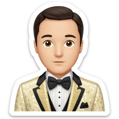 Gene Kelly with dark brown hair, cream sequin suit with bow tie sticker