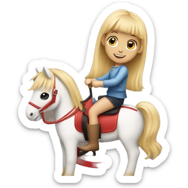 a little blonde girl with bangs and two ponytails rides a rocking horse sticker