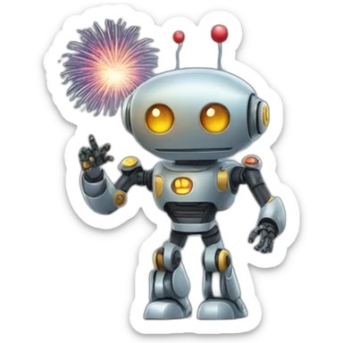 robot with fireworks sticker