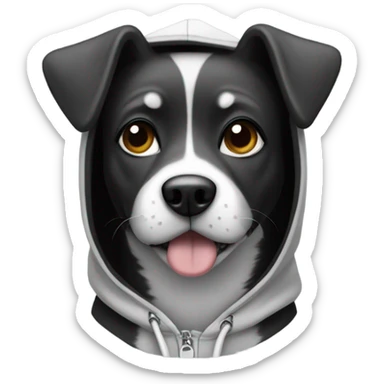 Black and white dog wearing a hoodie sticker