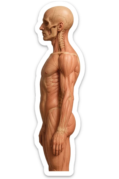 CORPO UMANO ANATOMICO REALISTICO DI PROFILO CON CURVA LOMBARE PIATTA, iperrealistico 4k sticker