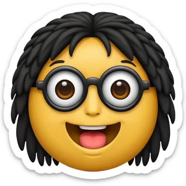 gere um boneco emoji da pele parda com o cabelo cacheado e meio grande, com olhos pretos e um óculos redondo, e também com a boca aberta mostrando os dentes sticker