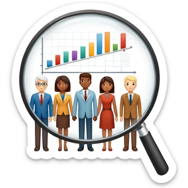 An icon featuring a group of diverse people, interconnected by lines, symbolizing sociology. The design includes a magnifying glass and a bar chart, representing the study of societies and social structures. Transparent background highlights the analysis of human behavior and social dynamics. sticker