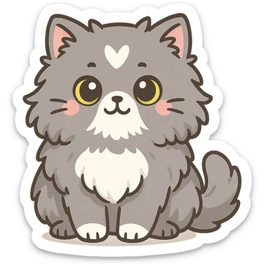 kawaii Persian cat with long gray fur, white spot on forehead, white chest, yellow-green eyes, kawaii style sticker