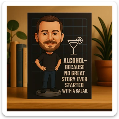 birthday card featuring Dylan as a bobblehead character, minimal neon grid background, one drink icon, bold chrome text with the quote 'Alcohol—because no great story ever started with a salad.', clean limited color palette sticker