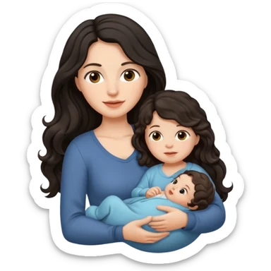 Mother long black wavy  hair  holding 1 infant brown hair fair skin sticker