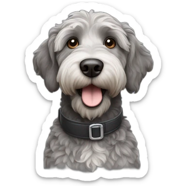 black and grey labradoodle dog's face with short ears and a long nose and a pilot cap on sticker