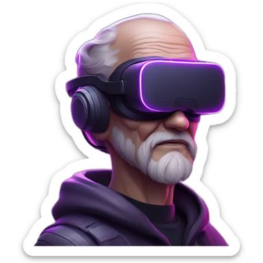 Russian old man wearing a black hoodie with "OMG" letters on it and VR headset in a cyberpunk VR environment with violet neon lighting. sticker