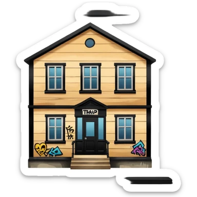 Trap house in hood with boarded windows and graffiti on it sticker