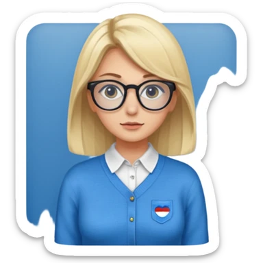 ragazza bionda vestita con camicia e maglione, con occhiali, occhi azzurri che è seduta al pc  sticker