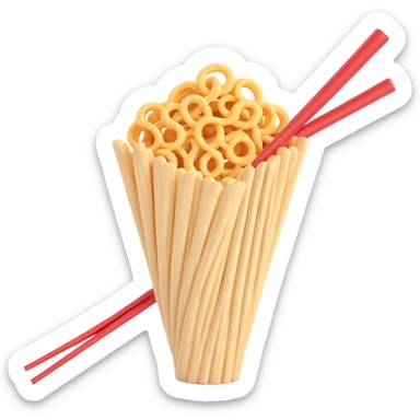 a pair of chopsticks holding a curly snack, snack is wavy and textured, energetic and lighthearted sticker