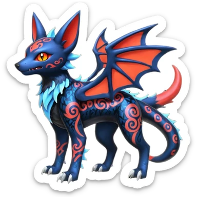Shiny Fiery Dark Ugly Evil Realistic Glowing Eldritch Horror Cool Edgy Badass Emo Demonic Batty Dusky Punky Aural Bioluminescent Sexy Handsome Canine-Litten-Amaura-Salandit-Noibat-Flareon-Fakémon-Digimon-fusion (full body) with intricate pattern markings sticker