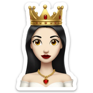 Queen with pale skin, long black hair, bright red lips, skinny gold crown, white dress, and evil stare.  sticker