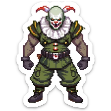 evil clown soldier, bald, short black devil horns on forehead, fangs, pointed ears, black and military green clothes, realistically proportioned, bulky and muscular, full body, fighting stance sticker