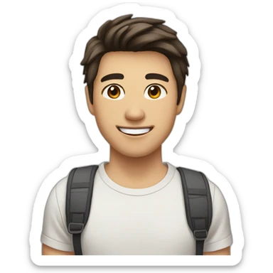 guy with brown hair, medium length hair, in his 20s, very asian, smiling, t-shirt, slight brown skin sticker