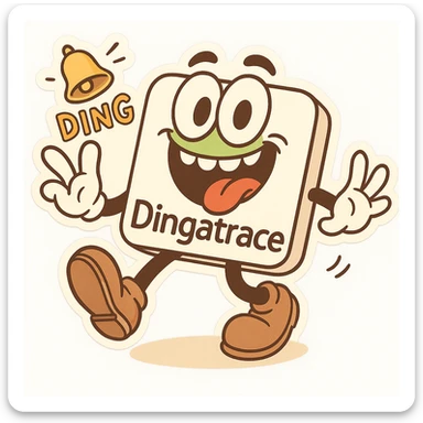 Add playful 'Dingatrace' flair by swapping any Dynatrace text for 'Dingatrace'. Add a ringing bell or comic ding sound effect. Keep the goofy mascot style. sticker