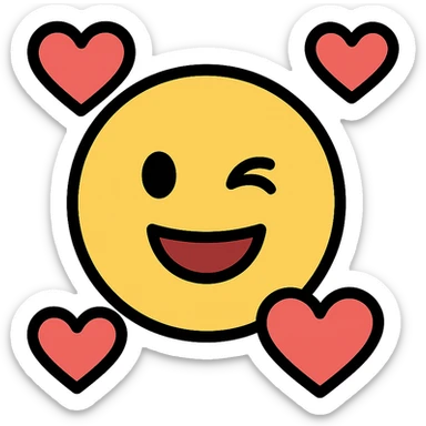 winking silly face surrounded by hearts, modern icon style, bold lines, simple shapes, colorful sticker