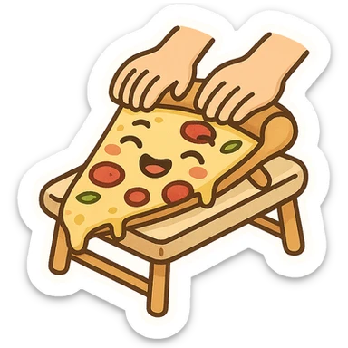 cartoon pizza slice lying on a massage table with hands massaging it, cheerful style sticker