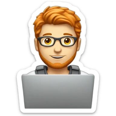 A red-haired light-skinned male programmer with a laptop sticker