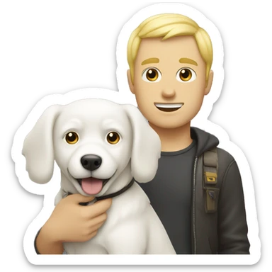 A white yellow guy with a cute white dog on the side  sticker
