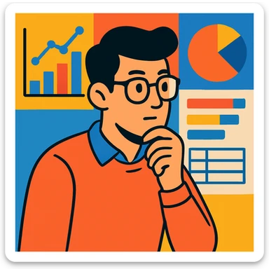 man wearing glasses and looking at data, vibrant toon style sticker
