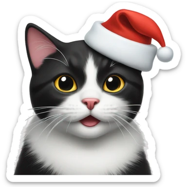 White and black cat wearing a Santa hat  sticker