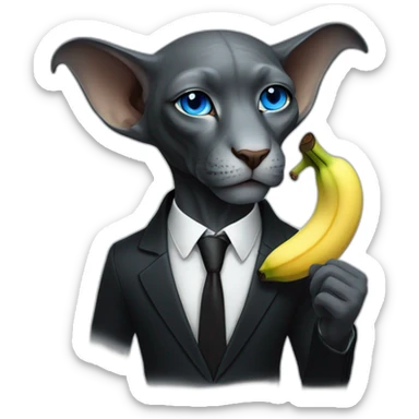 dark grey sphinx with bright blue eyes wearing black suit, calling on banana as phone, portrait sticker