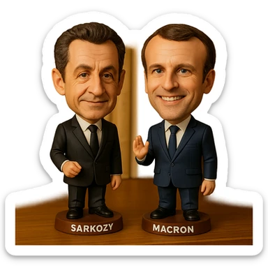 bobblehead style figures of Nicolas Sarkozy and Emmanuel Macron standing side by side sticker
