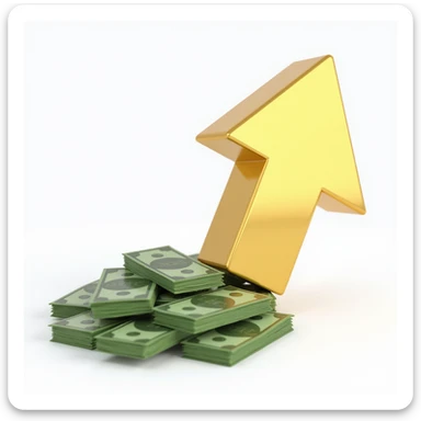 realistic 3D gold arrow pointing right, next to a pile of green cash, photorealistic style sticker