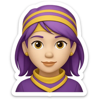 Create an image of a woman in the style of Apple emojis, featuring a striped yellow bandana, purple hair, and earrings, with no background. sticker