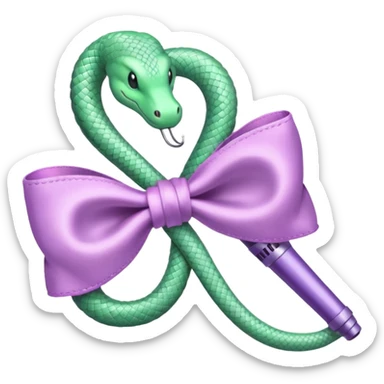 A pastel pink bow with a pastel green snake on the top of one side and a pastel purple microphone on the bottom of the other side sticker