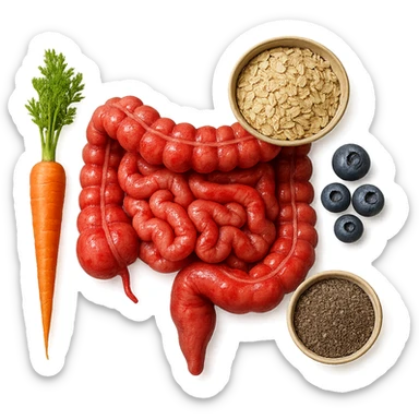 intestino umano anatomico infiammato al centro con carota, bowl di avena, mirtilli, bowl di semi di chia che gli fluttuano intorno , iperrealistico 4k sticker