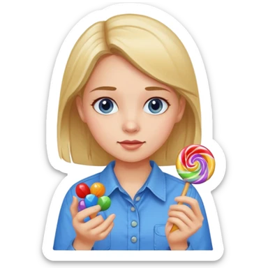 girl in a blue button-up shirt loving candy sticker