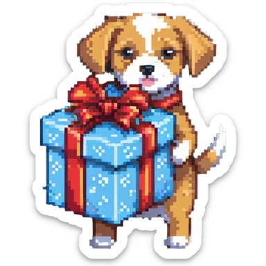 dog carrying a wrapped gift sticker