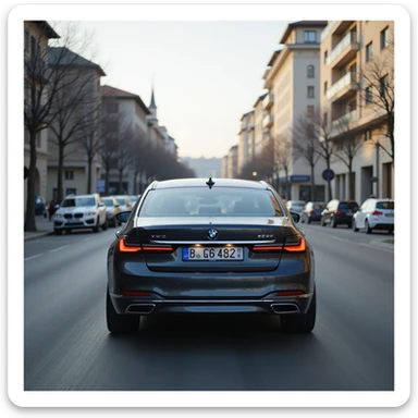 BMW Series 7 2022, back view, photorealistic, driving through a Romanian city, realistic urban background sticker