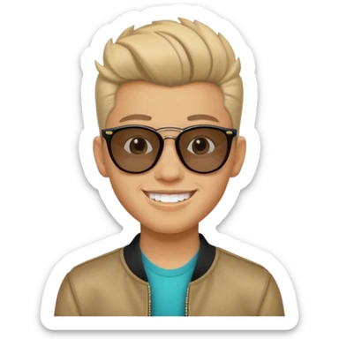 14 year old Mexican with a pompadour with the left side of his hair a little bit on the face grinning with sunglasses sticker