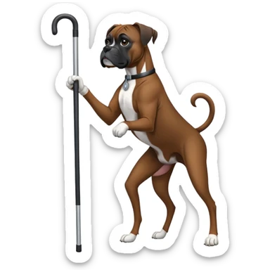 Elderly black boxer dog standing on hind leg using a cane sticker