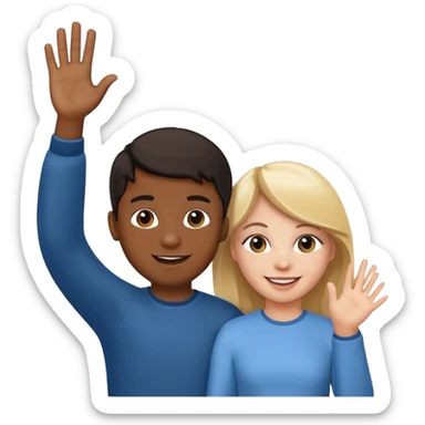 black boy and white girl, waving together, apple style emoji sticker