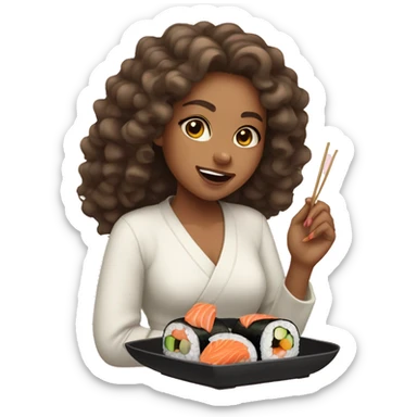 Lightskinned Girl with long curly hair eating sushi  sticker