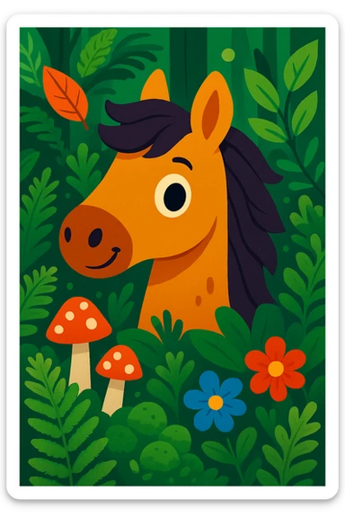 Add more forest details around the cute horse head, such as ferns, moss, mushrooms, and leafy branches, in vibrant toon style with bright colors, playful expression, surrounded by forest elements. sticker