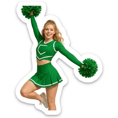 smiling blonde cheerleader, Kelly green uniform, mid-routine, vibrant and lively, modern competition look sticker