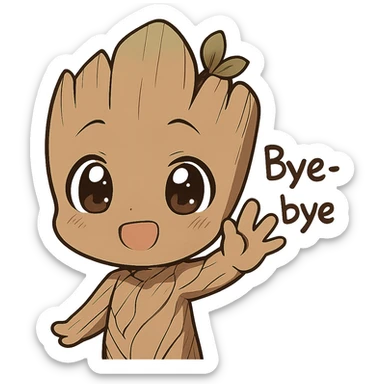 Make Groot more chibi saying bye and waving in an anime style. Remove the background. sticker