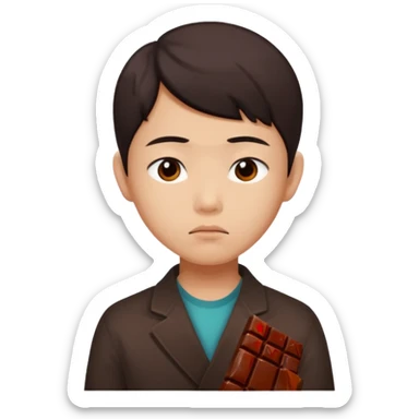 A young Asian dieter with a gloomy expression, thinking of chocolate sticker